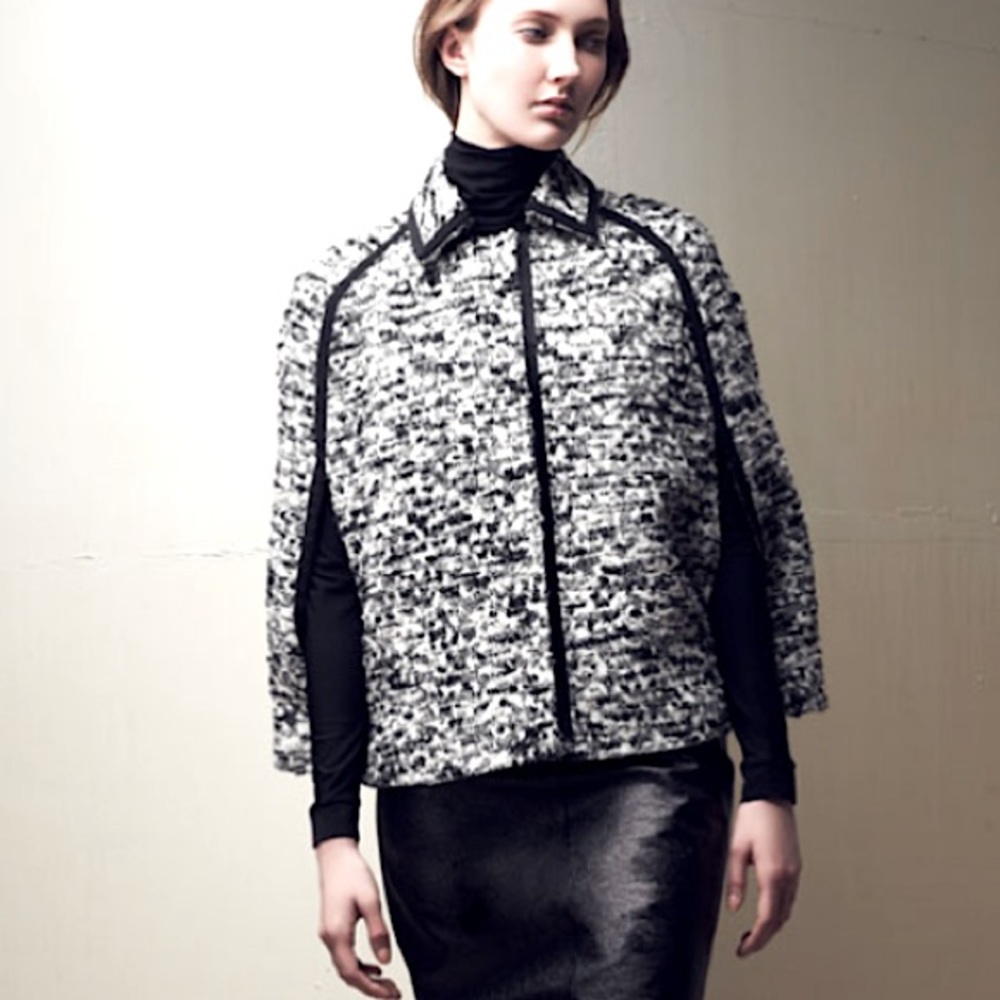 Liday Baday black + white cape with grosgrain ribbon trim wool + silk size 4